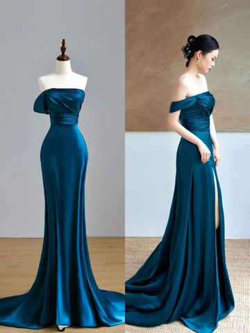 Mermaid Strapless Satin Slit Long Prom Dresses Party Dress SD1319